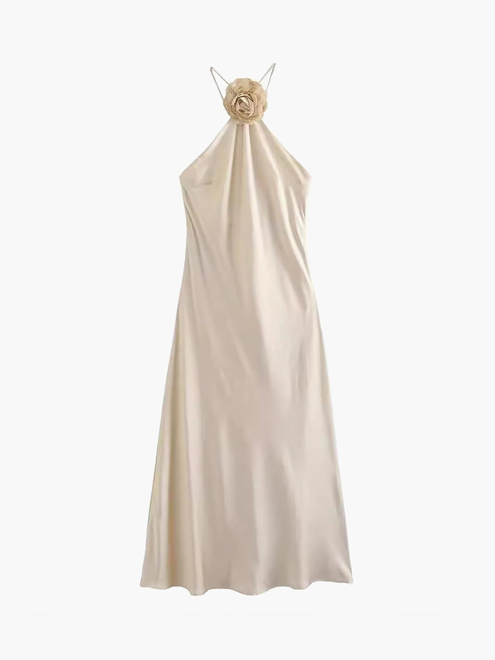 Rosette Satin Halter Midi Dress