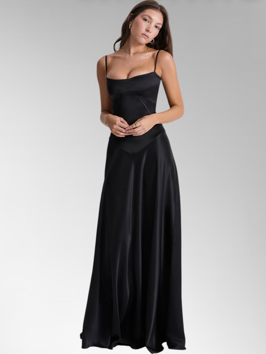 Anabel Black Satin Lace-Up Evening Gown