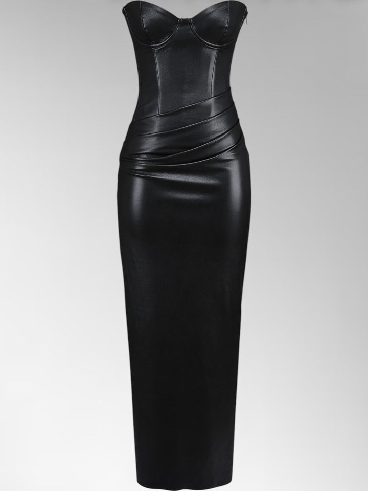 Alisa Black Strapless Leather Midi Dress