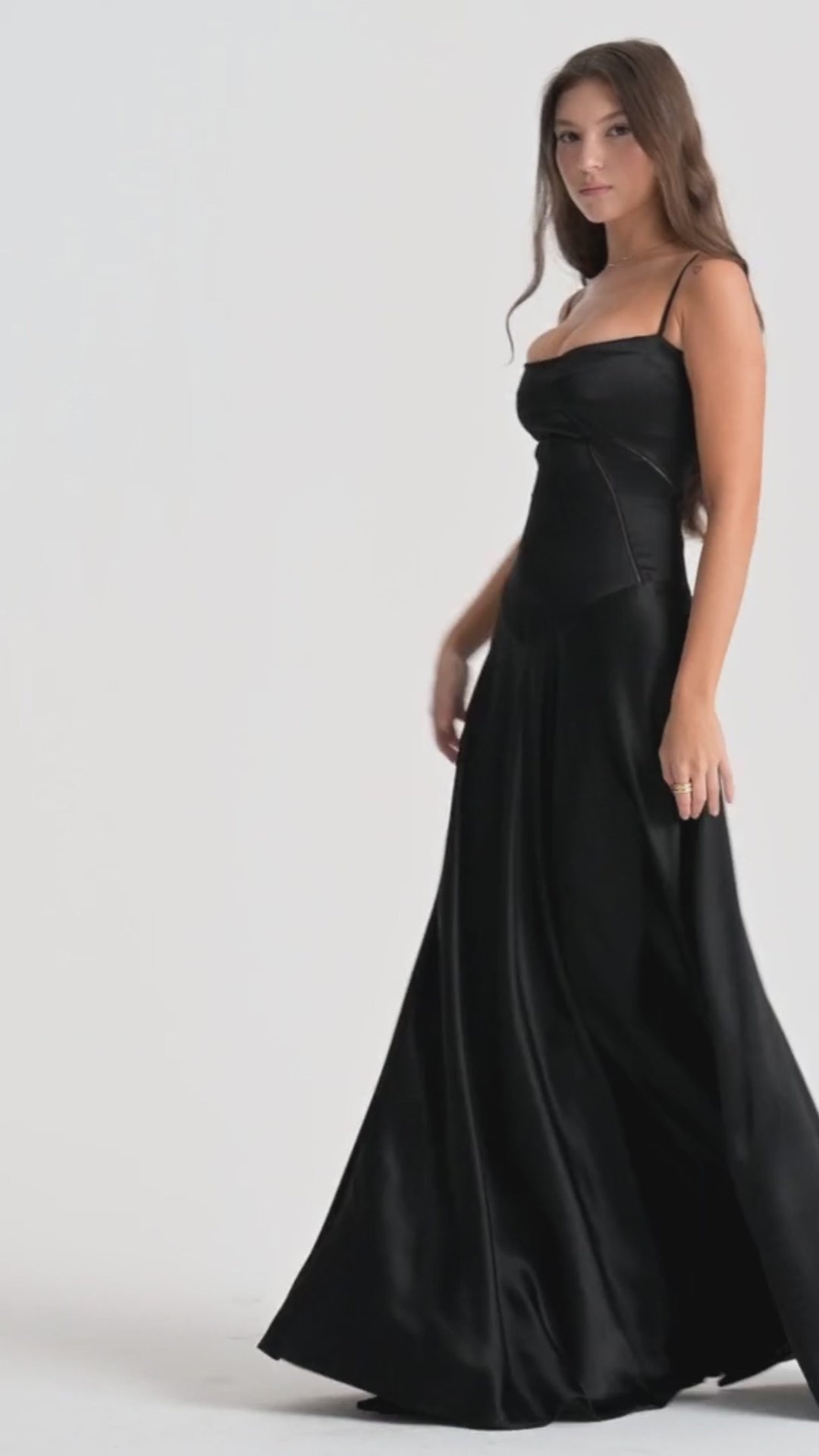 Anabel Black Satin Lace-Up Evening Gown
