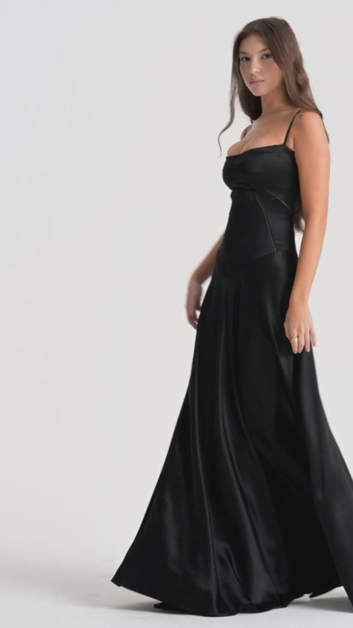 Anabel Black Satin Lace-Up Evening Gown