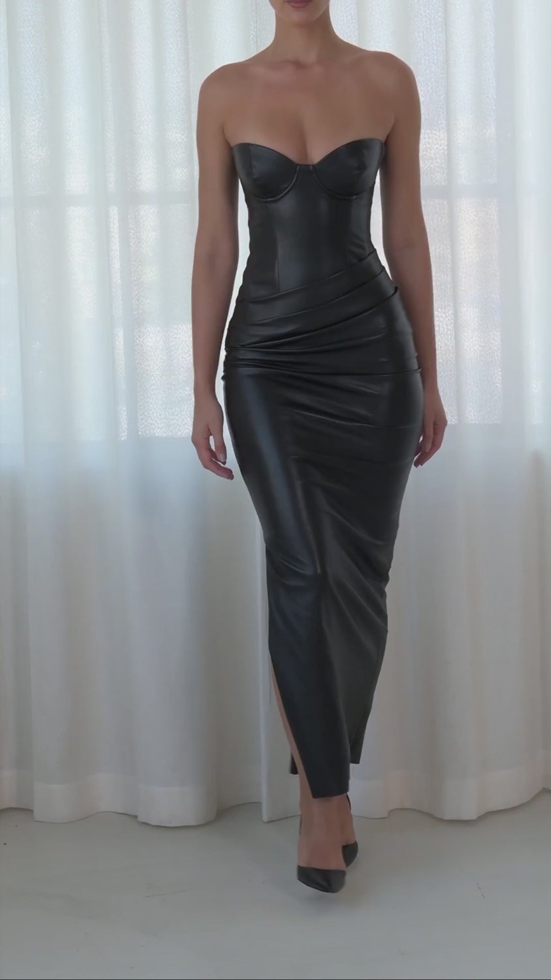 Alisa Black Strapless Leather Midi Dress