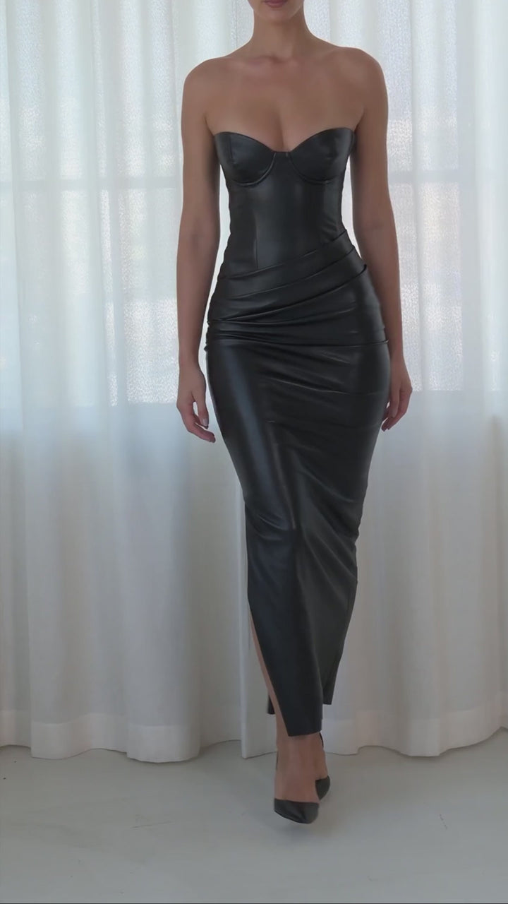 Alisa Black Strapless Leather Midi Dress